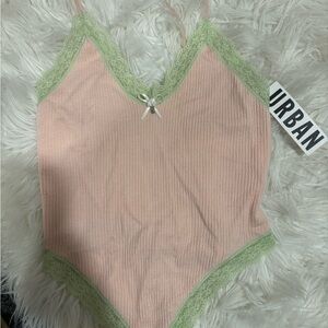 Urban Outfitters Pink Ribbed Embellished Bodysuit